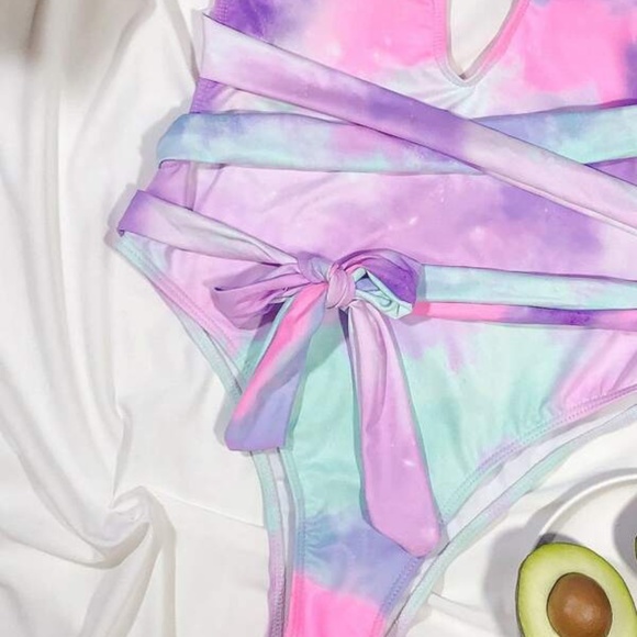 Boho Pink Tie Dye Wrap One Piece Monokini Swim Beach - Picture 3 of 4